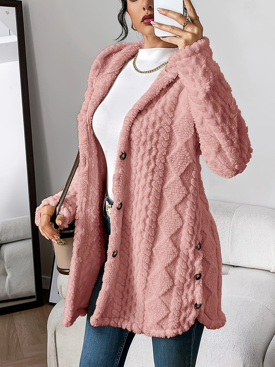 Arabella - Plush Diamond-Patterned Hooded Cardigan