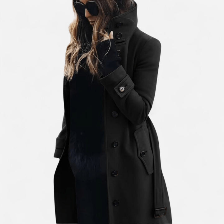 Yvette - High-Collar Wool Coat – Elegant, Belted & Tailored Casual Style