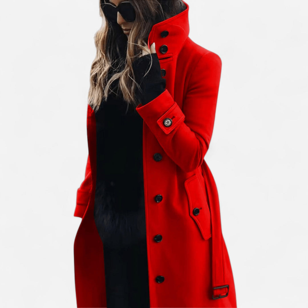 Yvette - High-Collar Wool Coat – Elegant, Belted & Tailored Casual Style