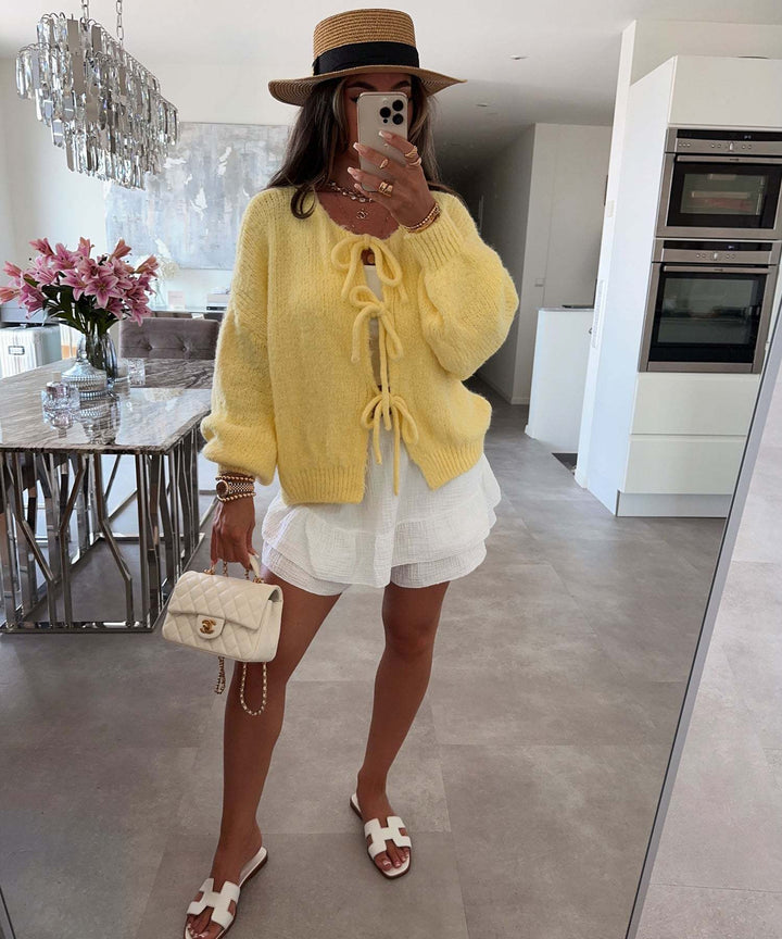 Colette - Solid Color Crew Neck Lace-Up Cardigan