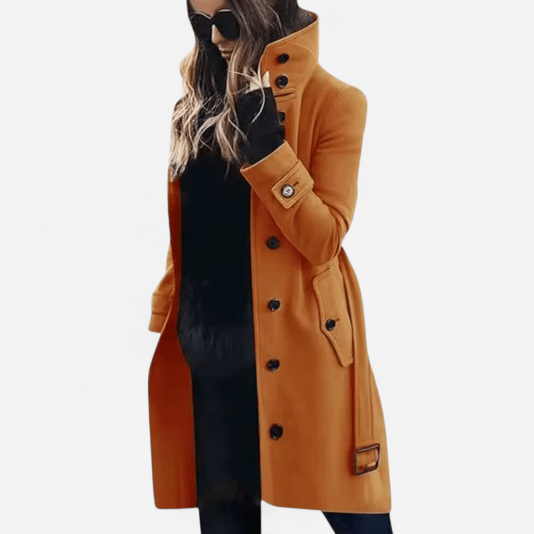 Yvette - High-Collar Wool Coat – Elegant, Belted & Tailored Casual Style