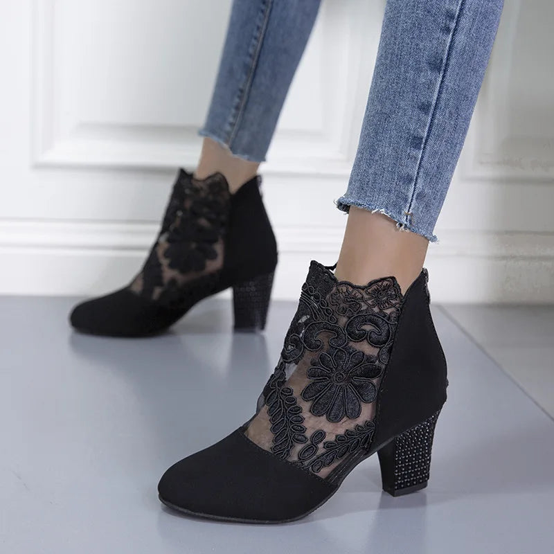Jasmine - Elegant Lacy High Heels Mesh Boots