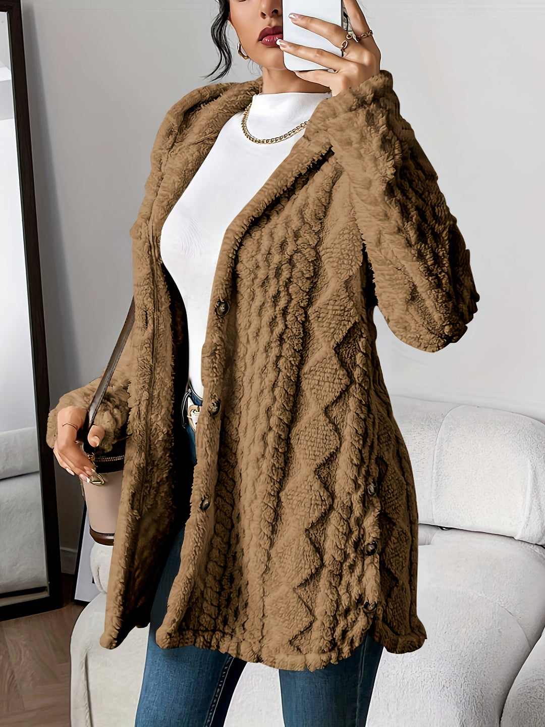 Arabella - Plush Diamond-Patterned Hooded Cardigan
