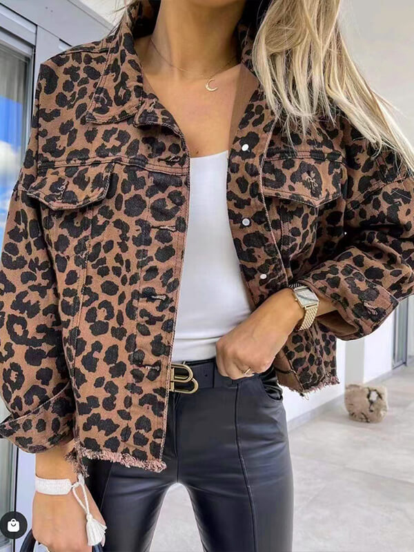 Kiara - Denim Jacket with Leopard Print and Long Sleeves