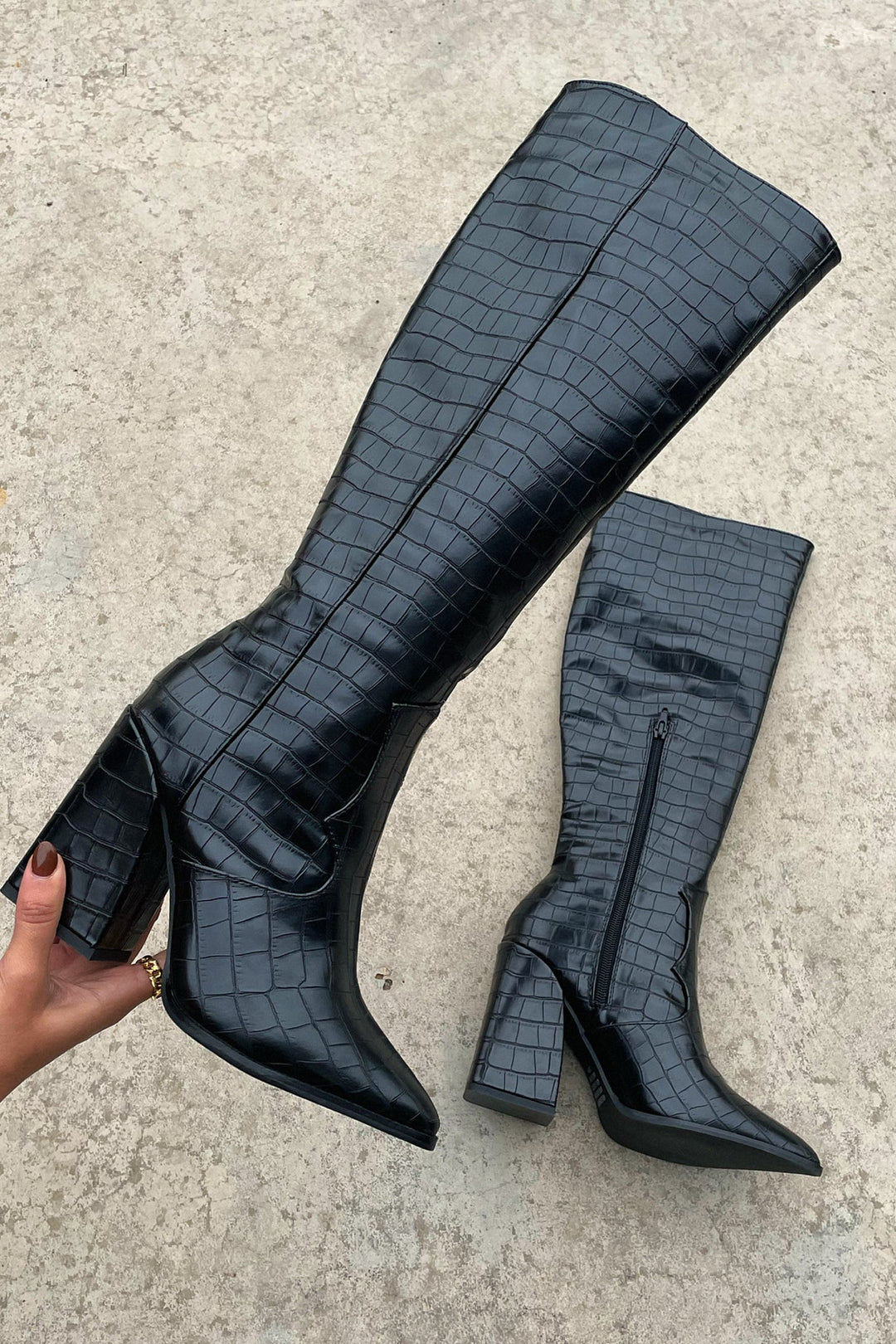 Dahlia - Black Croc Knee-High Boots